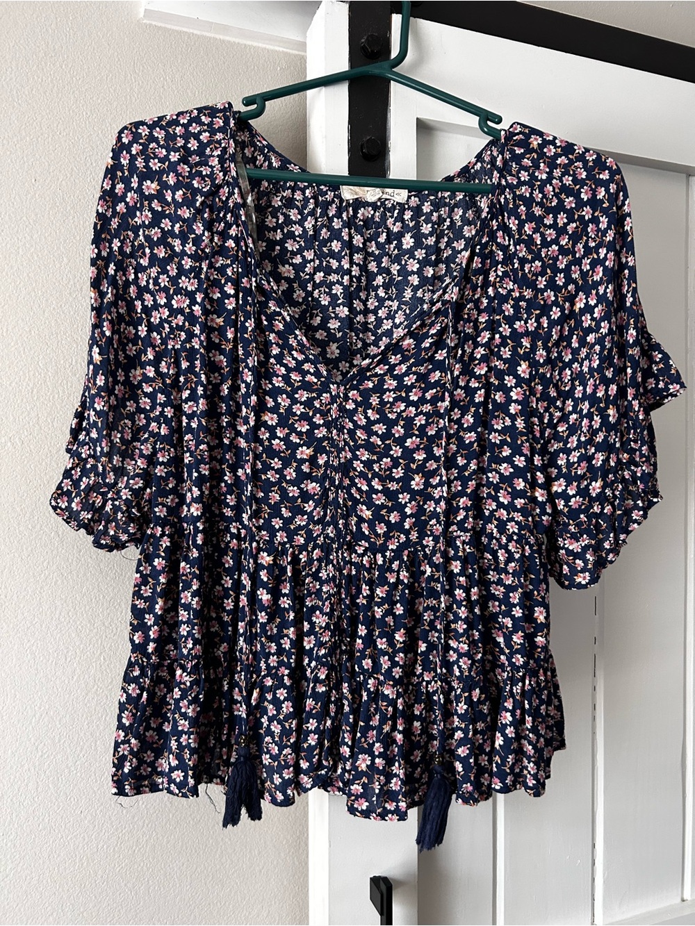 Rewind | Navy Floral Blouse with Pink Blossoms